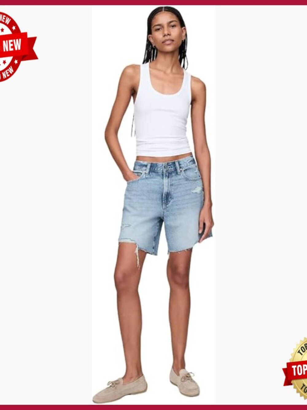 Relaxed Fit Denim Bermuda Shorts Mid Rise Casual Summer